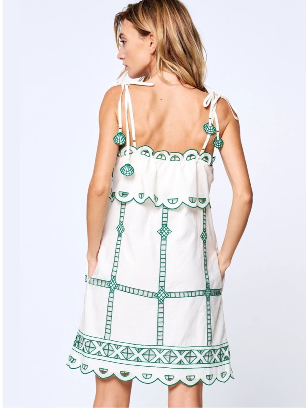 NWT Ciebon Lyndon Green Embroidered Mini Dress Sz M White - Picture 2 of 16